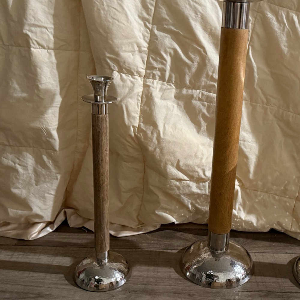 Pottery Barn Wood and Hammered Steel Taper Candleholder ~ 15” Tall